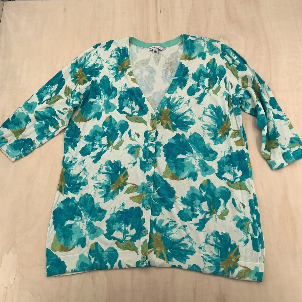Isaac Mizrahi Live! Cardigan Women XL White Turquoise Floral Cotton Cottagecore